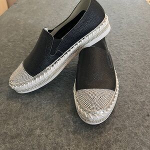 Women's Blinged Slip-On Shoes Black, White and Silver Sparkly Bejeweled Size 8